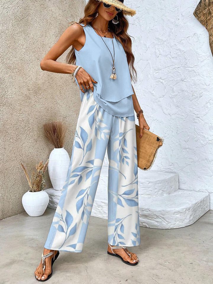 Sleeveless Square Neck Set with Patterned Trousers